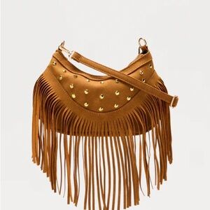 Fashion Nova Tan Fringe Studded Shoulder Bag